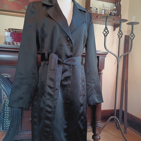 Express Design Studio Black, Satin Trench Coat, Medium - Picture 6 of 7